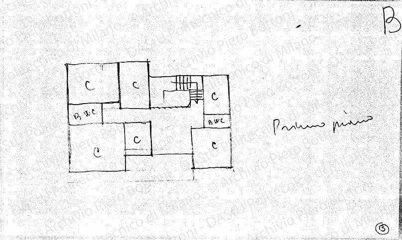 Schizzo B primo piano, pianta, s.d. Matita su lucido, cm 12,7x21,7. 