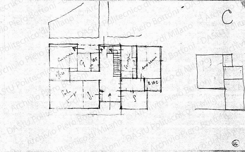 Schizzo C piano terreno, pianta, s.d. Matita su lucido, cm 13,3x22,0. 