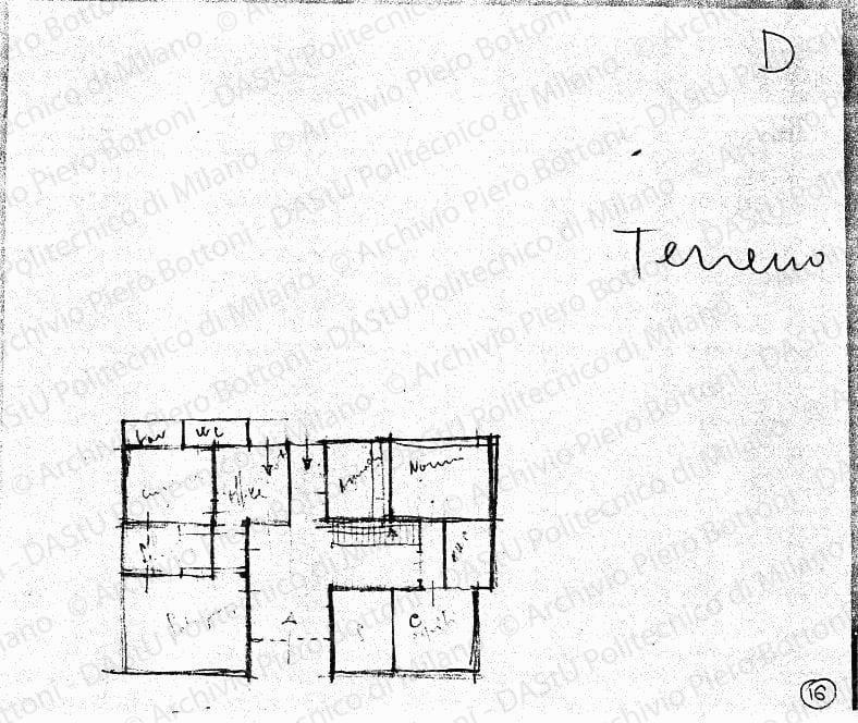 Schizzo D piano terreno, pianta, s.d. Matita su lucido, cm 17,3x20,5. 