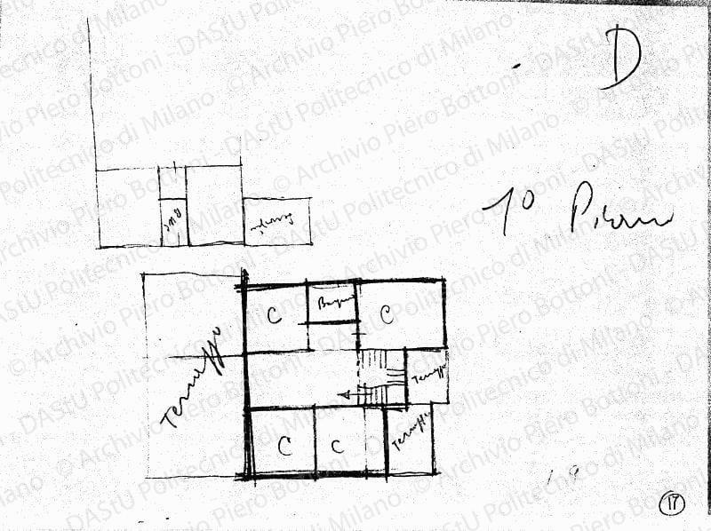 Schizzo D primo piano, pianta, s.d. Matita su lucido, cm 15,6x21,3. 