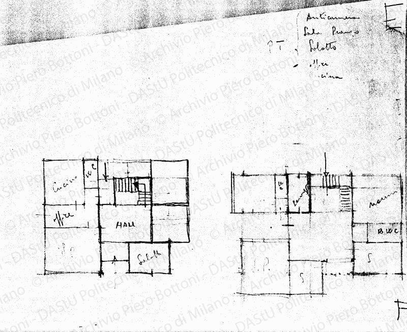 Schizzi E-F piano terra, piante, s.d. Matita su lucido, cm 19,2x23,6. 