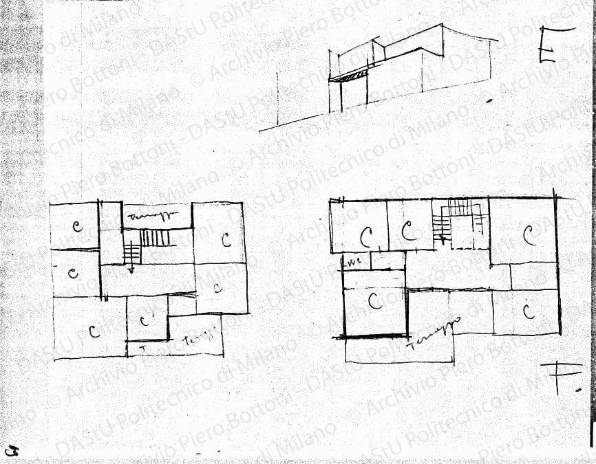 Schizzi E-F primo piano e facciata, piante e prospettiva, s.d. Matita su lucido, cm 18,8x21,4. 
