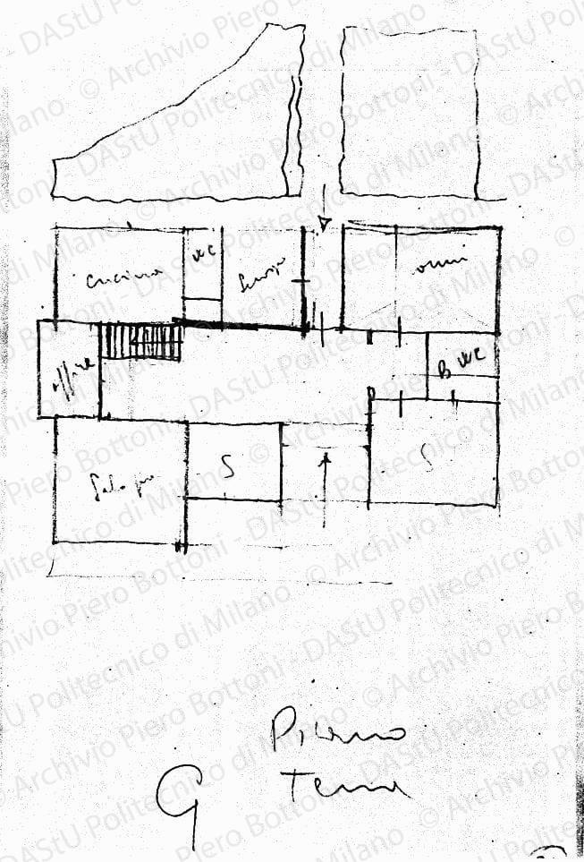 Schizzo G piano terra, pianta, s.d. Matita su lucido, cm 18,4x11,2. 