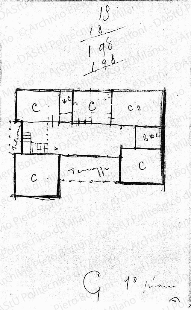 Schizzo G primo piano, pianta, s.d. Matita su lucido, cm 18,4x11,2. 