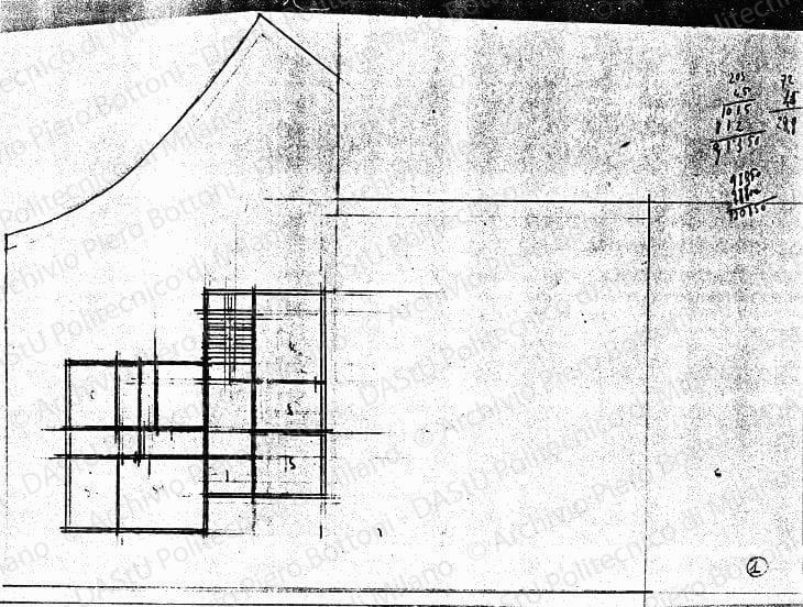 Studio pianta piano terra, scala 1:200, s.d. Matita su lucido, cm 18,6x28,4. 