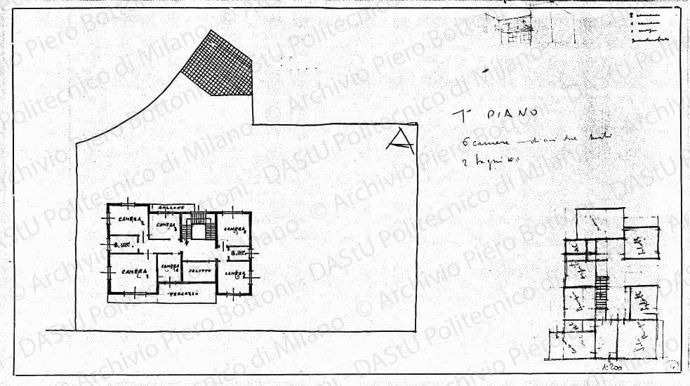 Pianta primo piano, scala 1:200, s.d. China e matita su lucido, cm 23,2x41,6. Schizzo del piano terra a matita. 