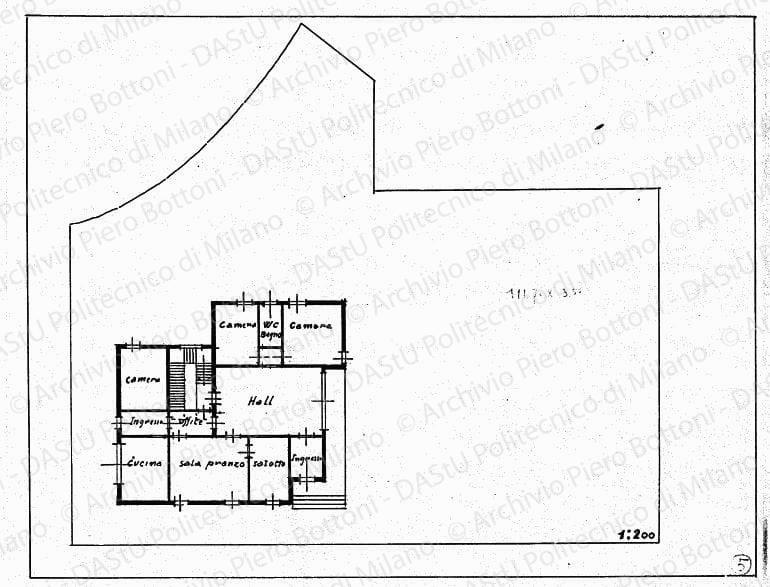 Pianta piano terra, scala 1:200, s.d. China su lucido, cm 20,3x26,4. 