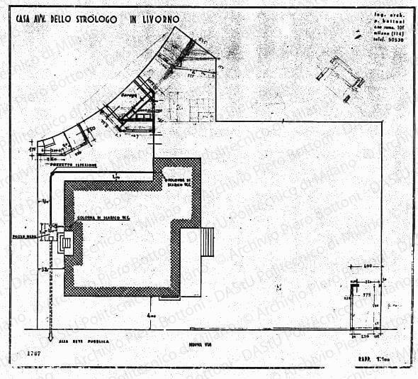 Casa avv. Dello Strologo in Livorno, schema fognario e edifici accessori, planimetria, scala1:100, prot. 1767, s.d. China e matita su lucido, cm 43,9x49,2. 