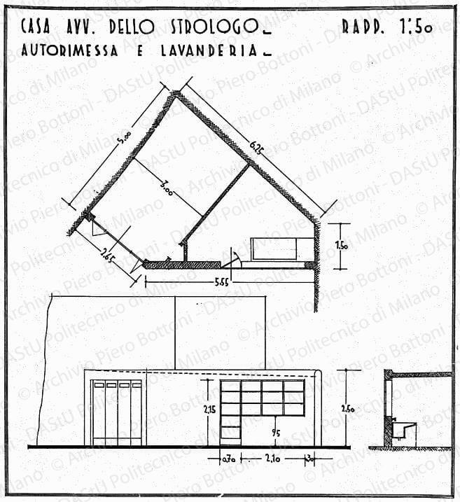 Casa avv. Dello Strologo, autorimessa e lavanderia, pianta, sezione e prospetto, scala 1:50,s.d. China su lucido, cm 33,5x30,6. 