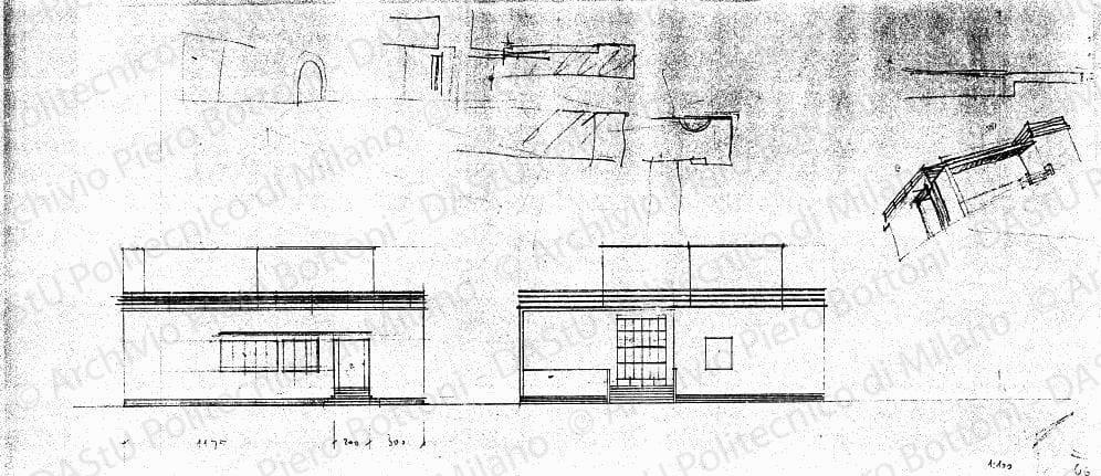 Studio delle facciate, prospetti e schizzo prospettico, scala 1:100, s.d. Matita su lucido, cm26,2x57,1. 