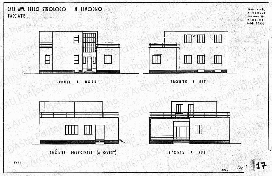 Casa avv. Dello Strologo in Livorno, fronte a nord, fronte a est, fronte principale (a ovest), fronte a sud, scala 1:100, prot. 1775, s.d. China su lucido, cm 36,5x56,8. 