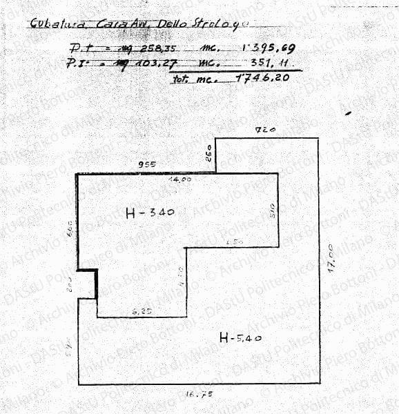 Cubatura casa avv. Dello Strologo, pianta schematica, scala 1:100, s.d. Matite colorate su lucido, cm 31,8x27,8. 
