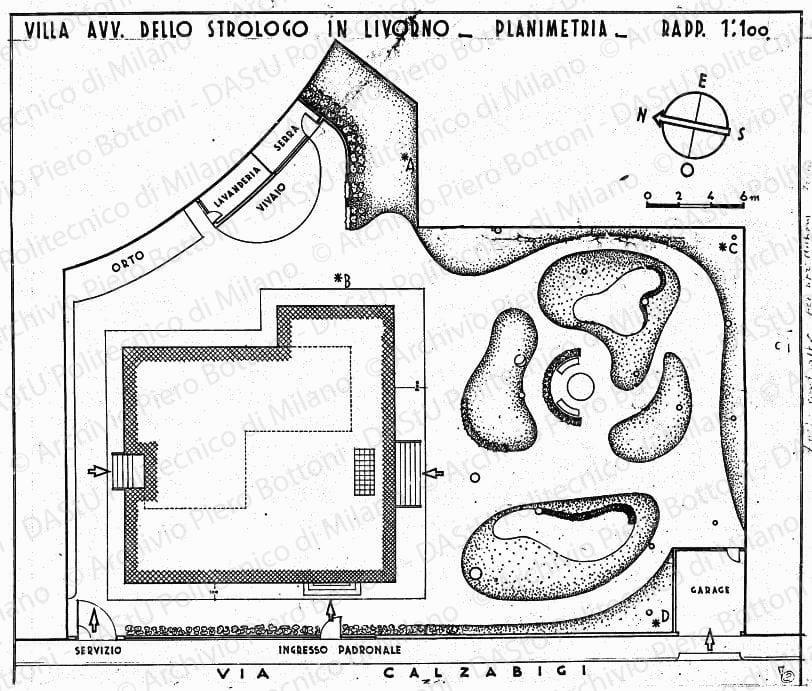 Villa avv. Dello Strologo in Livorno, planimetria, scala 1:100, s.d. China su lucido, cm 42,2x49,5. 