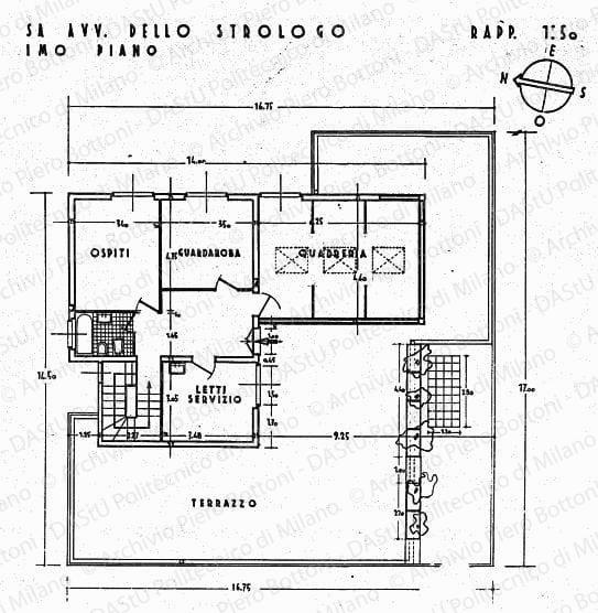 Casa avv. Dello Strologo, pianta primo piano, scala 1:50, s.d. China su lucido, cm 45,7x47,9.