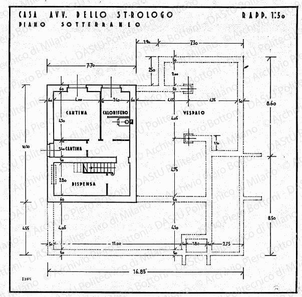 Casa avv. Dello Strologo, pianta piano sotterraneo, scala 1:50, prot. 1806, s.d. China su lucido, cm 49,5x49,8. 