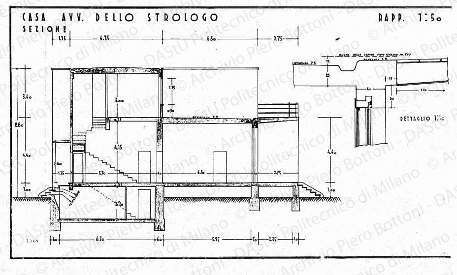 Casa avv. Dello Strologo, sezione e dettaglio, scala 1:10, 1:50, prot. 1808, s.d. China e matita su lucido, cm 34,2x60,0. 