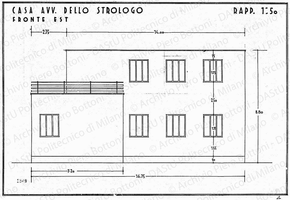 Casa avv. Dello Strologo, fronte est, scala 1:50, prot. 1809, s.d. China su lucido, cm 31,6x46,2.