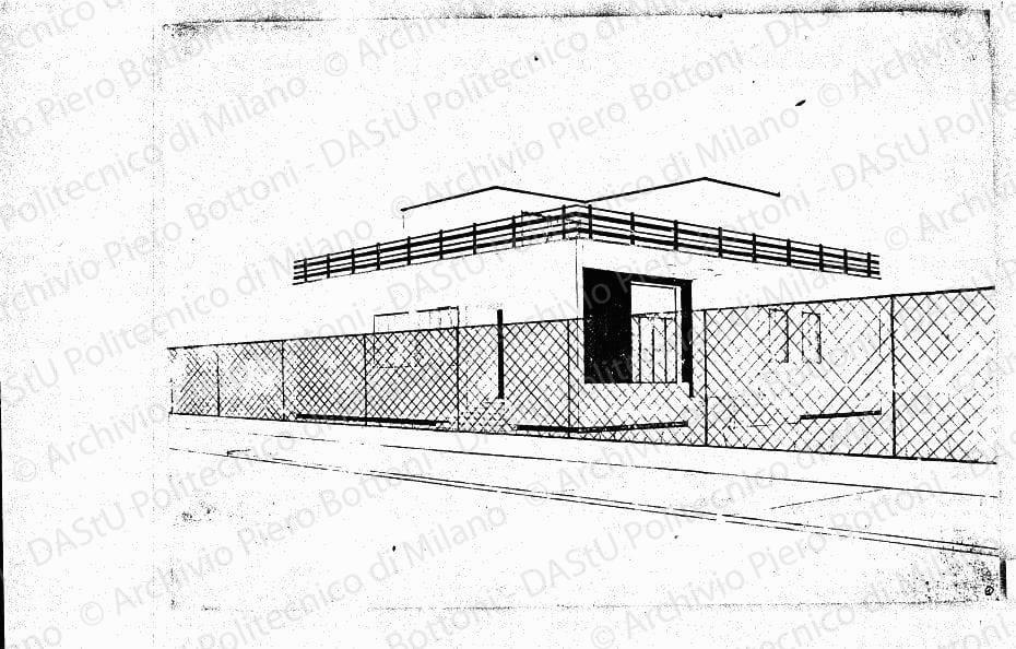 Veduta prospettica (fronti nord-ovest), s.d. Tempere su eliografia su carta, cm 33,1x47,0. 