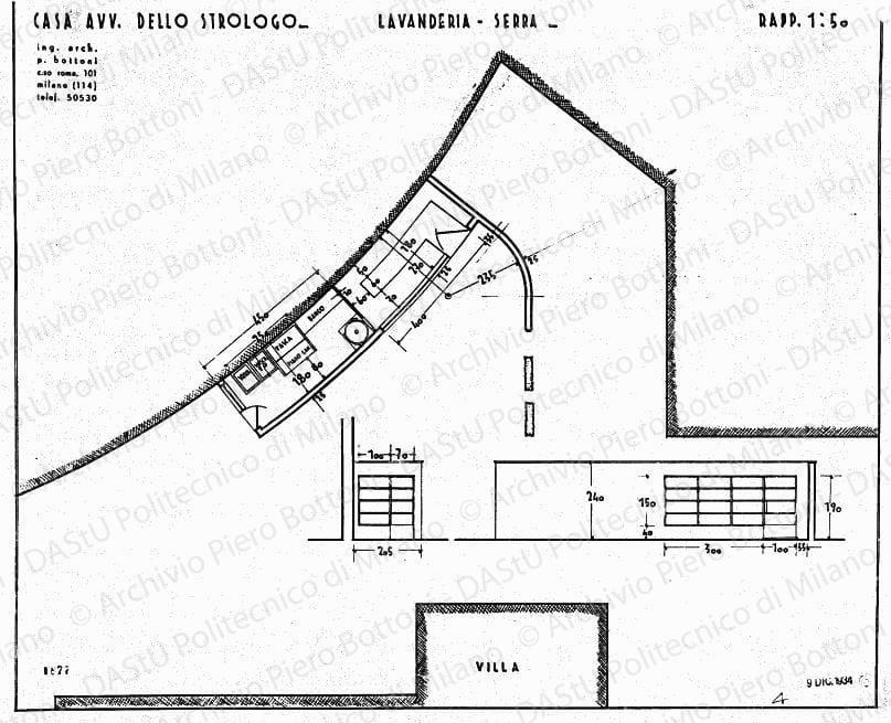 Casa avv. Dello Strologo, lavanderia-serra, pianta e prospetti, scala 1:50, prot. 1877, 9dicembre 1934. China su lucido, cm 42,8x53,3. 