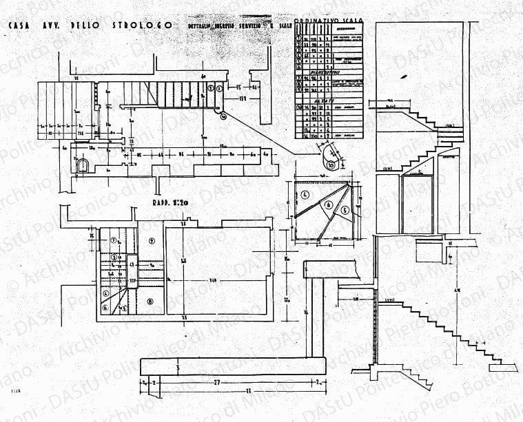 Casa avv. Dello Strologo, dettaglio ingresso servizio e scala, ordinativo scala, piante, sezioni e particolari, scala 1:1, 1:20, prot. 1816, s.d. China su lucido, cm 67,7x93,7. 