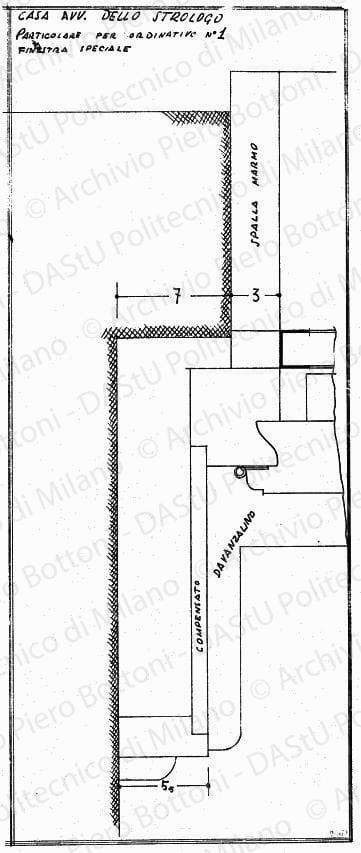 Casa avv. Dello Strologo, particolare per ordinativo n. 1 finestra speciale, scala 1:1, s.d. China su lucido, cm 52,5x21,6. 
