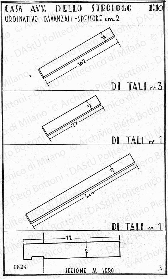 Casa avv. Dello Strologo, ordinativo davanzali-spessore cm 2, scala 1:1, 1:10, prot. 1824, s.d. China su lucido, cm 34,7x20,7. 