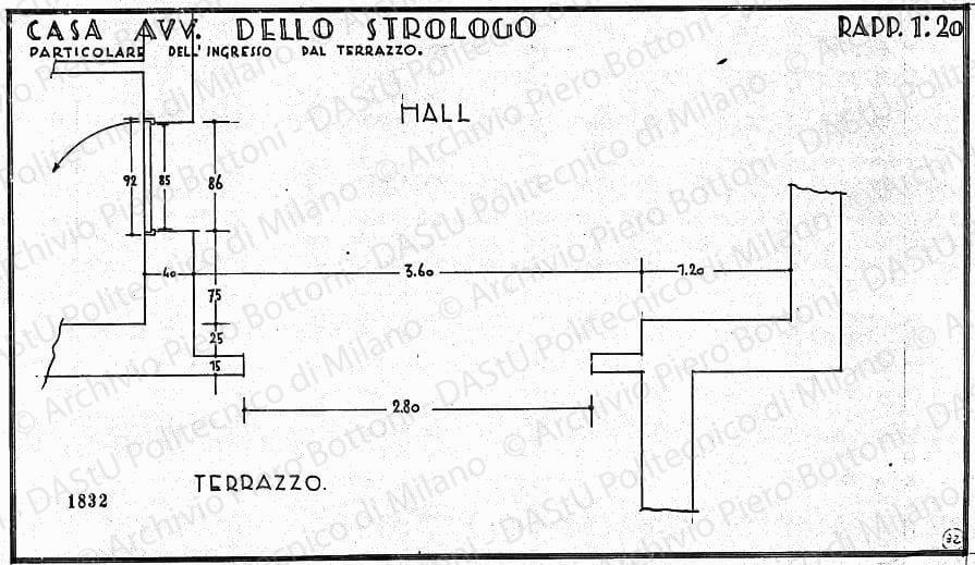 Casa avv. Dello Strologo, particolare dell'ingresso dal terrazzo, pianta, scala 1:20, prot. 1832,s.d. China su lucido, cm 23,0x39,4. 