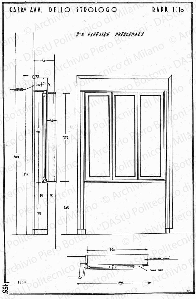 Casa avv. Dello Strologo, ordinativo finestre principali, scala 1:10, prot. 1833, s.d. China su lucido, cm 58,6x37,9. 