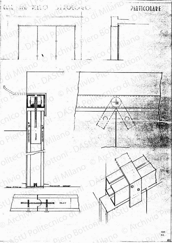 Casa avv. Dello Strologo, particolare di porta scorrevole autorimessa, scala 1:1, 1:10, s.d. Matita su lucido, cm 73,7x53,1. 