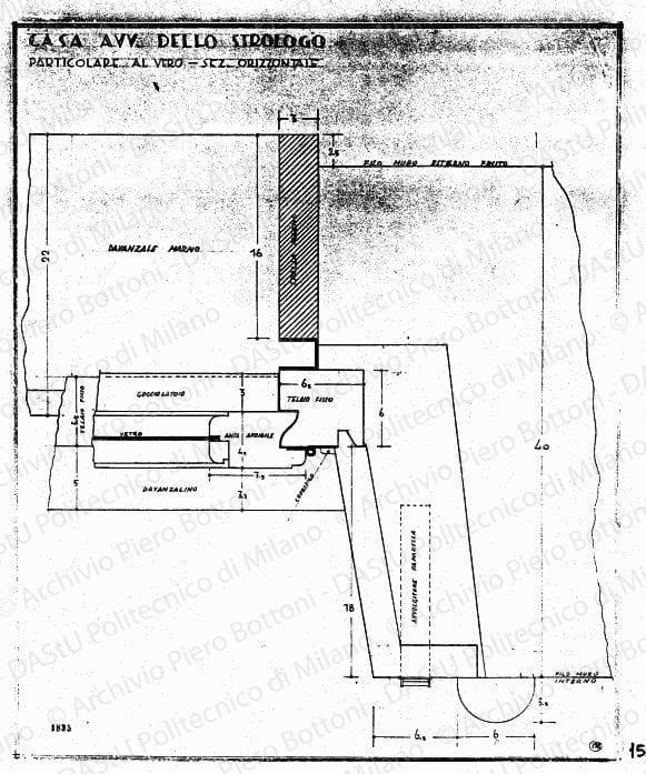 Casa avv. Dello Strologo, particolare serramento, sezione orizzontale, scala 1:1, prot. 1835, s.d. Matita su lucido, cm 57,8x47,2. 