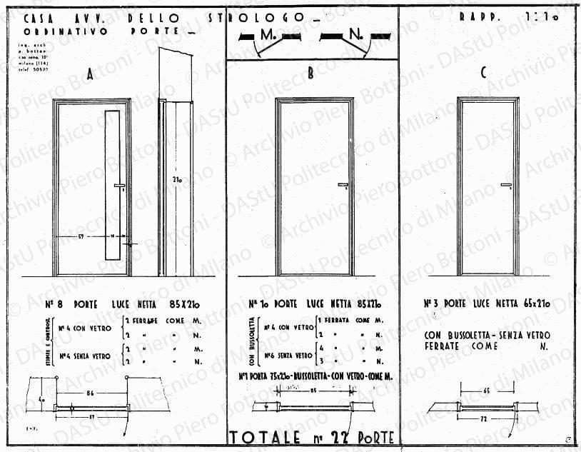 Casa avv. Dello Strologo, ordinativo porte, scala 1:10, prot. 1836, s.d. China su lucido, cm 53,5x69,6. 