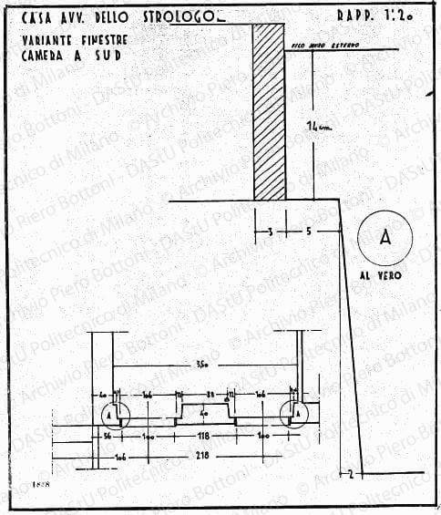 Casa avv. Dello Strologo, variante finestra camera a sud, pianta e sezione, scala 1:1, 1:20, prot. 1838, s.d. China su lucido, cm 48,8x42,0. 