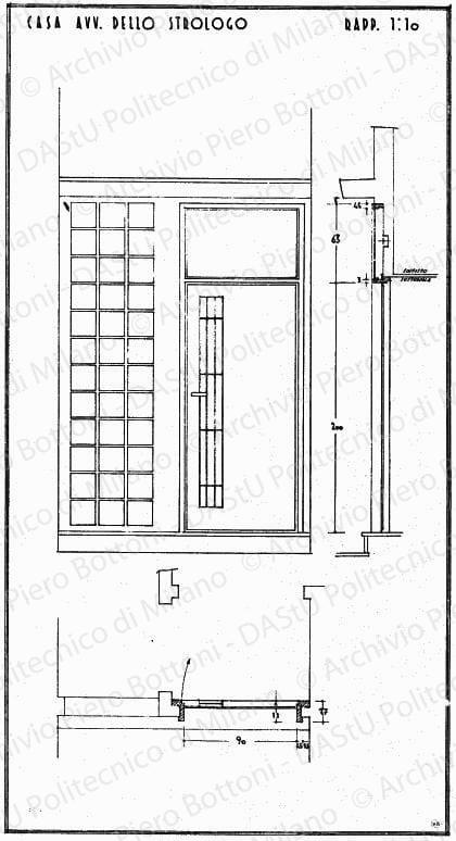 Casa avv. Dello Strologo, particolare porta, pianta, sezione e vista, scala 1:10, prot. 1840, s.d. China su lucido, cm 67,2x35,6. 