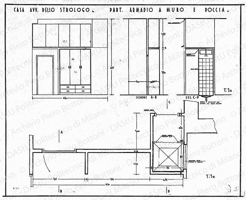Casa avv. Dello Strologo, part. armadio a muro e doccia, pianta, sezioni e vista, scala 1:10,1:20, prot. 1848, s.d. China su lucido, cm 54,6x66,8. Correzioni a matita. 