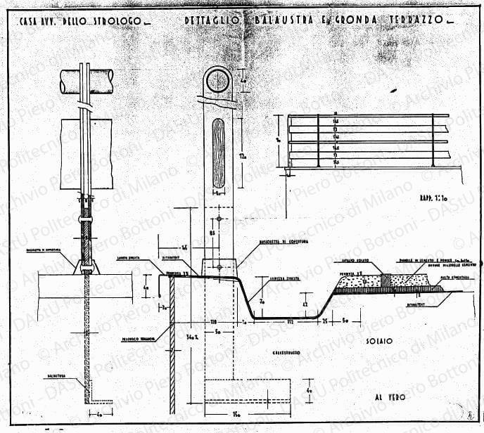 Casa avv. Dello Strologo, dettaglio balaustra e gronda terrazzo, scala 1:1, 1:10, prot. 1851, s.d. China e matita su lucido, cm 72,7x83,0. 