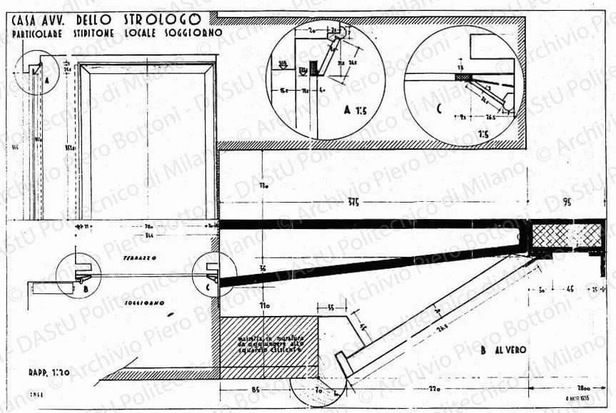 Casa avv. Dello Strologo, particolare stipitone locale soggiorno, scala 1:1, 1:20, prot. 1941, 4 marzo 1935. China e matita su lucido, cm 49,2x73,7. 