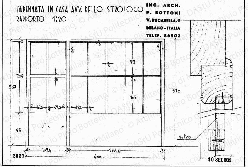 Casa avv. Dello Strologo, impennata, scala 1:1, 1:20, prot. 2023, 10 settembre 1935. Matita su lucido, cm 26,1x38,0. 
