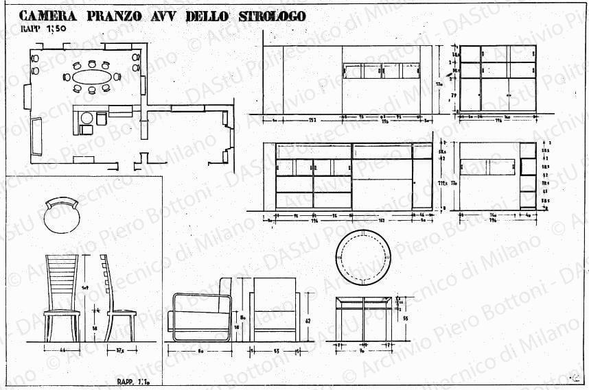Camera pranzo avv. Dello Strologo, arredamento e mobili, piante, sezioni e viste, scala 1:10, 1:50, s.d. China e matita su lucido, cm 49,0x 75,0. 