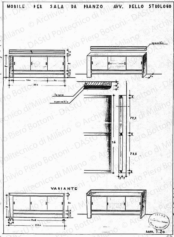 Mobile per sala da pranzo avv. Dello Strologo, viste, assonometrie e dettaglio, scala 1:1, 1:20, s.d. China e matita su lucido, cm 50,0x36,5. 