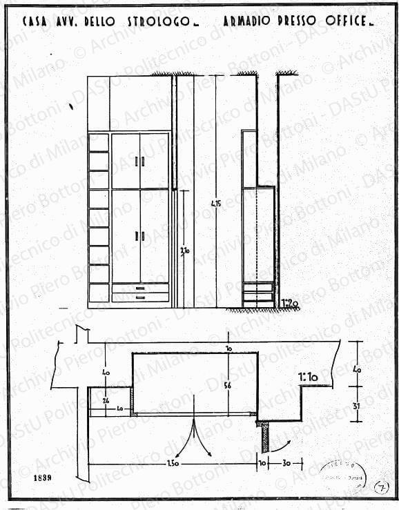 Casa avv. Dello Strologo, armadio presso office, pianta, sezione e vista, scala 1:10, 1:20, prot.1839, s.d. China e matita su lucido, cm 46,0x36,0. 