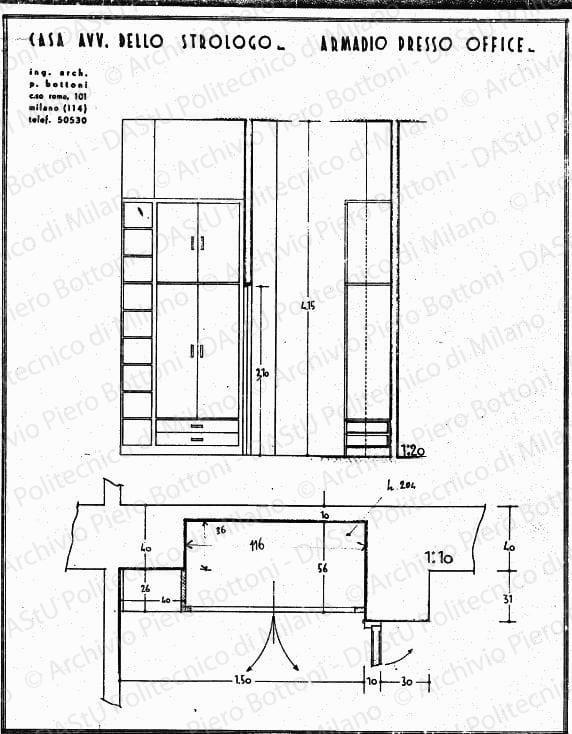 Casa avv. Dello Strologo, armadio presso office, pianta, sezione e vista, scala 1:10, 1:20, prot.1839, s.d. Eliografia su carta, cm 46,0x36,8. Indicazioni a matita. 