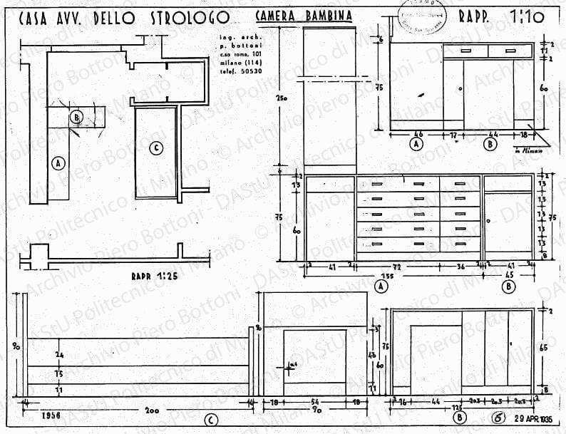 Casa avv. Dello Strologo, camera bambina, arredamento e mobili, pianta e viste, scala 1:10,1:25, prot. 1956, 29 aprile 1935. China su lucido, cm 38,0x49,0. Correzioni a matita. 