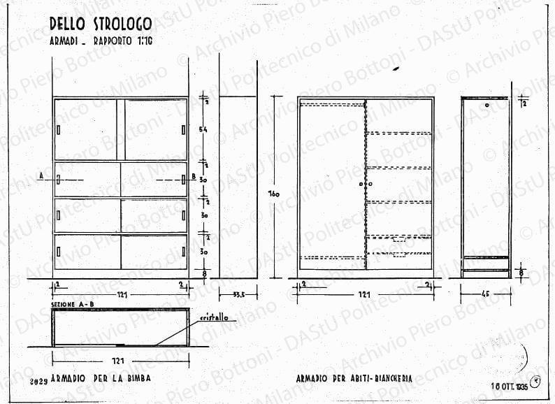 Dello Strologo, armadi, viste e sezioni, scala 1:10, prot. 2029, 16 ottobre 1935. China e matita su lucido, cm 34,8x47,8. 