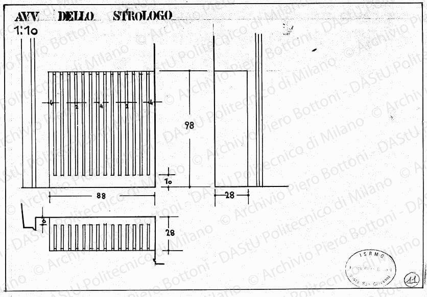 Avv. Dello Strologo, copricalorifero, viste e sezione, scala 1:10, s.d. China su lucido, cm 26,2x35,4. 