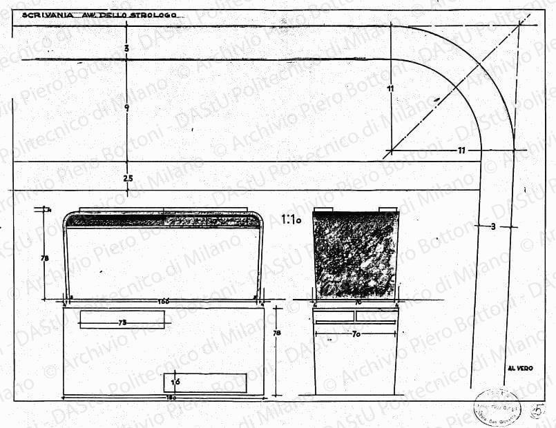 Scrivania avv. Dello Strologo, viste, sezioni e dettaglio, scala 1:1, 1:10, s.d. China, matita e matita rossa su lucido, cm 39,3x51,0. 