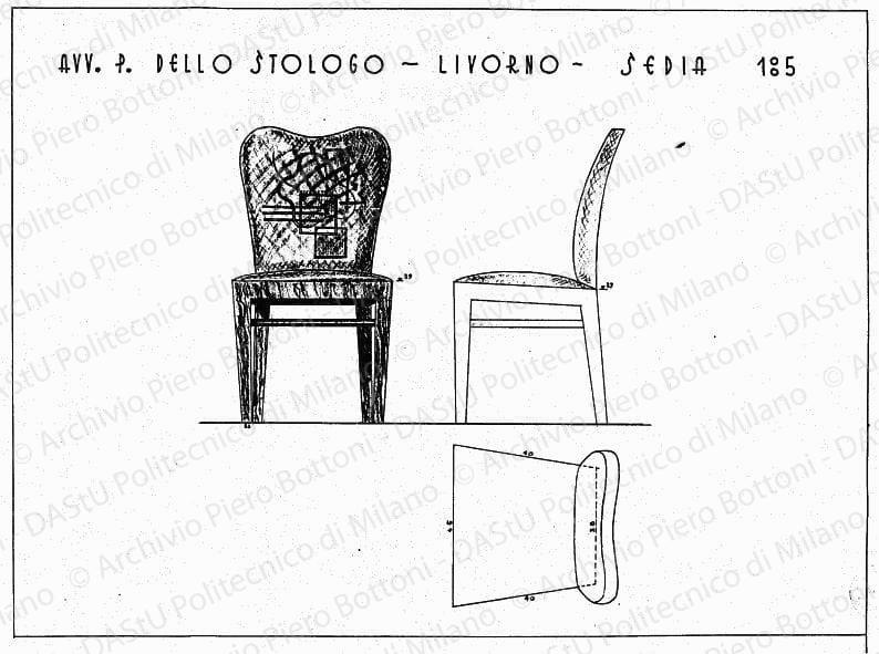 Avv. P. Dello Strologo, Livorno, sedia, pianta e viste, scala 1:5, s.d. China e matita su lucido, cm 38,0x54,3. 