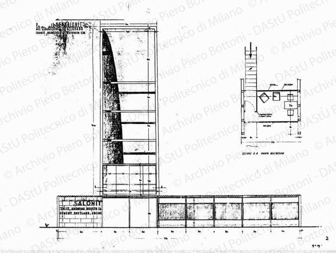 Padiglione "Salonit" all'esposizione di Belgrado, fronte principale e sezione A-A pianta dell'ufficio, scala 1:20, 1:50, s.d. China e matita su lucido, cm 78,0x99,5.