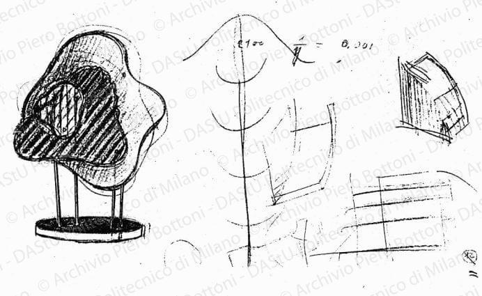 Schizzi strutture espositive, s.d. Matita e matite colorate su carta, cm 15,4x31,1. 