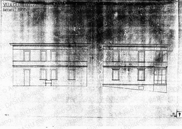 Villa Olga a Bergamo, facciate (esistenti), scala 1:50, prot. 2058, dicembre 1935. Matita su lucido, cm 47,7x70,2. 