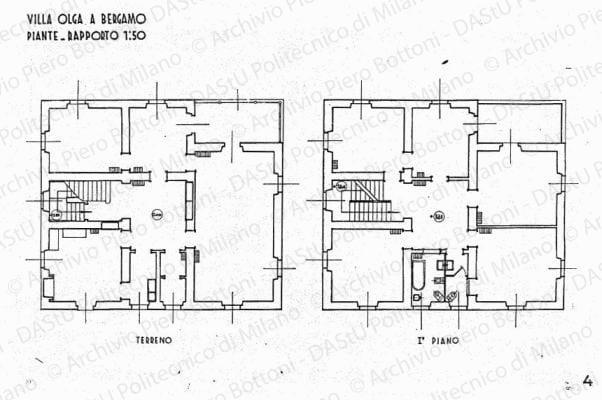 Villa Olga a Bergamo, piante, terreno e primo piano, scala 1:50, prot. 2051, 1935. China e matita su lucido, cm 45,8x69,2. 